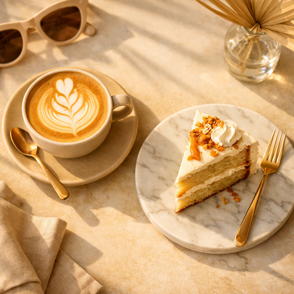 Aesthetic coffee and dessert flat lay